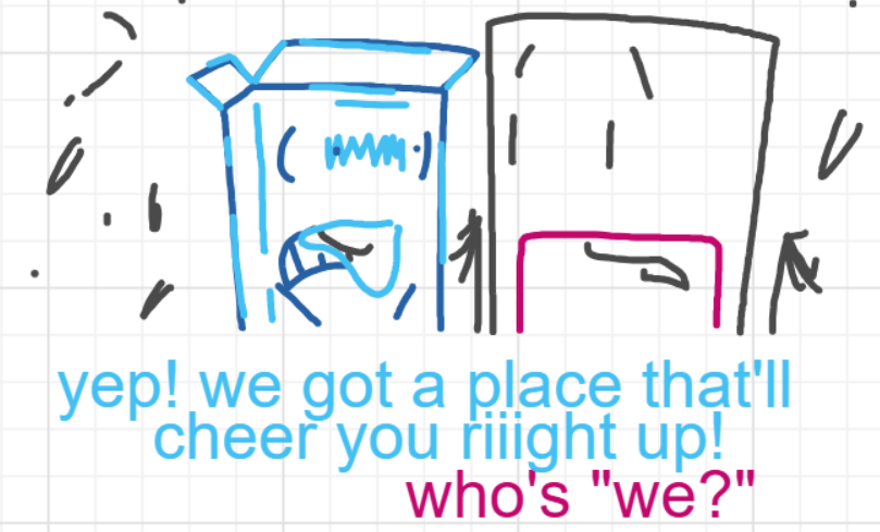 A panel from I've Been Everywhere, Man, episode nine of the Board Boards object show by Furretwalk/WalkingFurret.